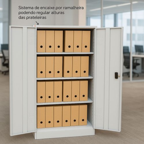 Armário resistente de metal para empresas, com 2 portas e prateleiras internas, ideal para o dia a dia no escritório.