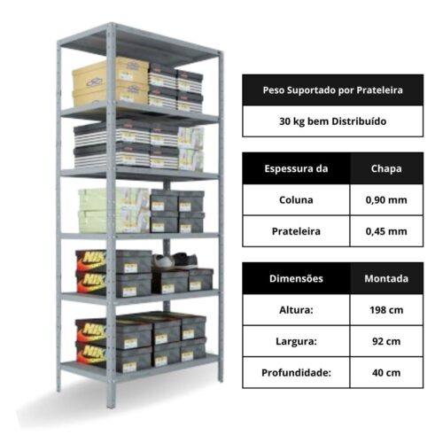 Estante de aço 40 cm Reforçada 06 Prateleiras 198X92X40 cm 30 kg por prateleira